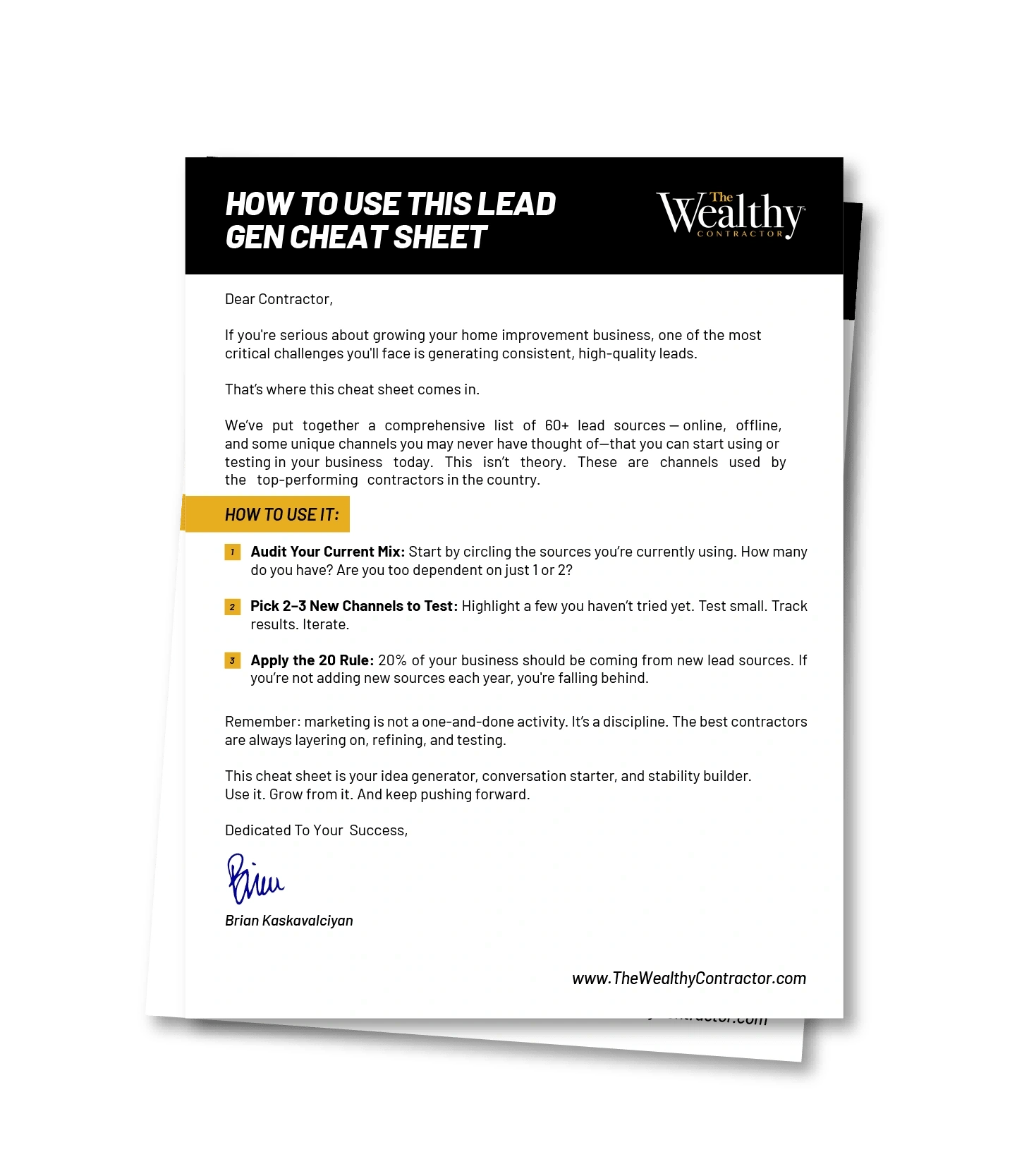 The Wealthy Contractor Lead Gen Cheat Sheet Resource